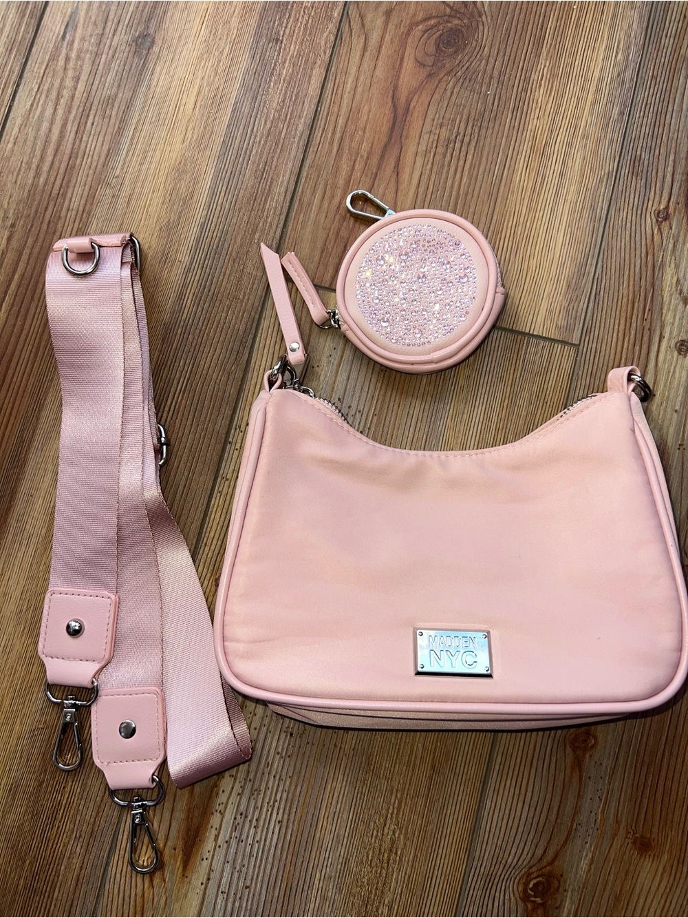 Modern NYC Pink Shoulder Bag with Detachable Strap and Glitter Coin Pouch